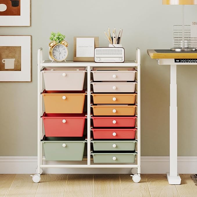 Giantex 12 Drawer Rolling Cart with Drawers, Storage Organizer Cart for Classroom Office School Teacher, Mobile Drawer Cart for Tools, Crafts, Small Printer, Macaron Multicolor