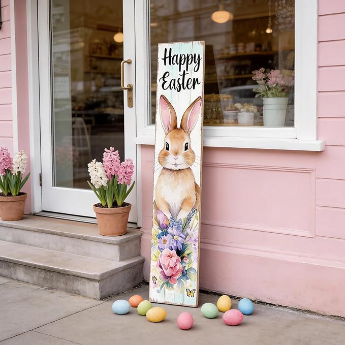 Happy Easter Bunny Welcome Sign for Front Door, 47 Inch Wood Framed Porch Sign Spring Easter Rabbit Flower Decorations with Hanging Rope, Farmhouse Rabbit Yard Signs Home Decor for Outdoor Patio