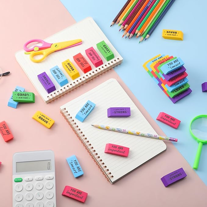 Yaomiao 180 Pcs Inspirational Erasers for Kids Bulk Pencil Beveled Erasers Colorful Motivational Gifts Bulk for Kids Students Classrooms, Drawing, Back to School