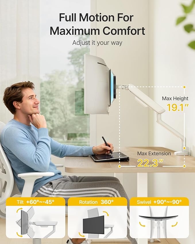 monTEK Single Monitor Arm with USB, Mechanical Spring Monitor Arm for 17-40" Screens, Adjustable Monitors Desk Mount Holds up to 24.2 lbs with C Clamp/Grommet Desk Mount, VESA 75/100mm, MA1011UCWH