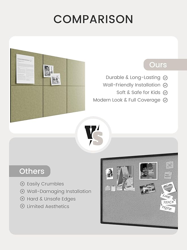 Bumusty Large Cork Board 36"x24" Alternative - 6 Pack Felt Wall Tiles with 40 Safe Removable Adhesive Tabs, 30 Pushpins, Cork Boards for Walls Pin Board Bulletin Board Office Decor (Olive Green)