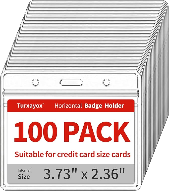 Turxayox 100 Pack Horizontal Clear ID Badge Holder, Plastic Name Badge Holders, Key Card Protector Cover Sleeve with Waterproof Resealable Zipper for Nurses Lanyard, Work I'd