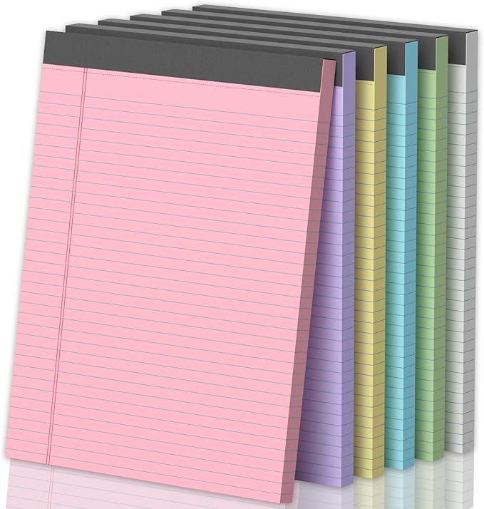 6 Pack Legal Pads 8.5 X11, College Ruled Notebook, 300 Sheets Colored Note Pad, Writing Pads 8.5x11, Tear Off Notepad, Lined Paper, Notebook Paper for Office Home School, 50 Sheet/Pad