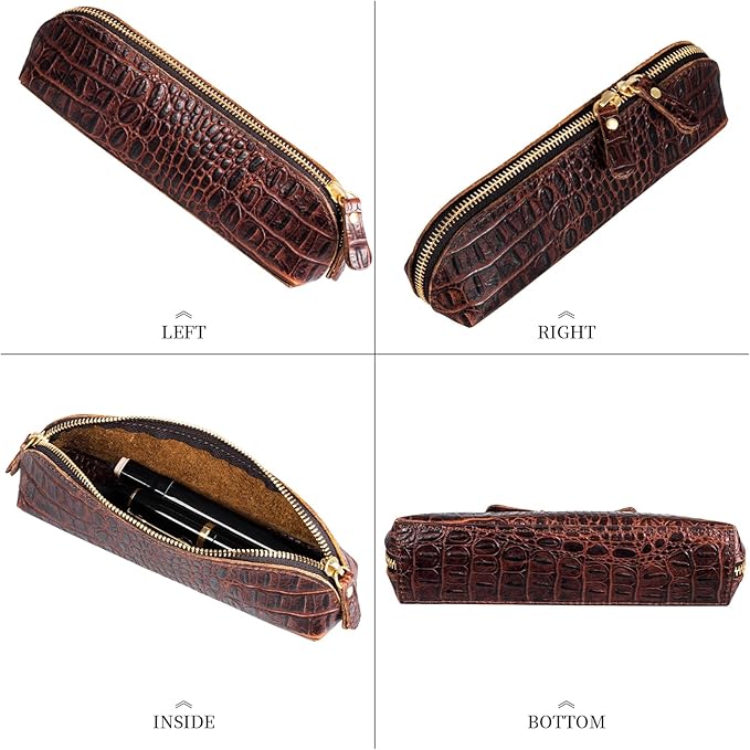 Gexmil Genuine Leather Pen Case, Full Grain Leather Pencil Holder, Hand-made Stationery Bag for Work & Office, Vintage Style, Crocodile Brown