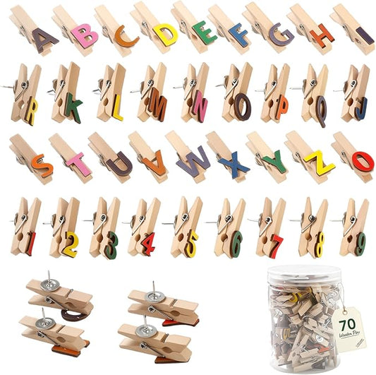 Byvood 70 Pcs Alphabet & Number Push Pins with Wooden Clips – Colorful Letter A-Z & 1-9 Thumb Tacks for Cork Board, Bulletin Board, Classroom Decor, Office Supplies
