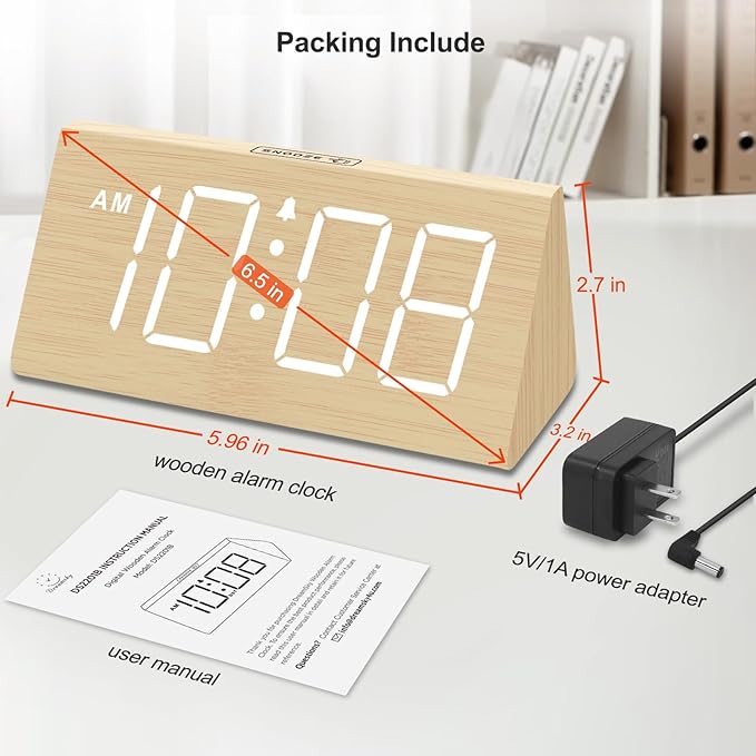 DreamSky Wooden Digital Alarm Clocks for Bedrooms - Electric Desk Clock with Large Numbers, USB Port, Loud Alarm for Heavy Sleepers, Adjustable Volume, Dimmer, Snooze, DST, Wood Décor, Adapter Powered