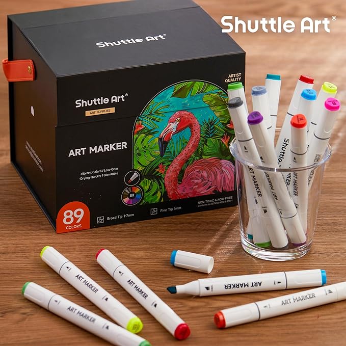 Shuttle Art 89 Colors Alcohol Markers, 88 Colors Dual Tip Art Marker Set Plus 1 Colorless Blender with Marker Case Perfect for Illustration Students Adult Coloring Sketching