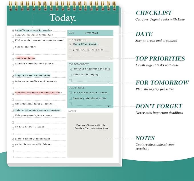 GOLDPEI To Do List Notepad - Daily Planner Notepad Undated 52 Sheets Tear Off, 6.5" x 9.8" Checklist Productivity Organizer with Hourly Schedule for Tasks