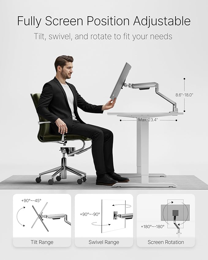 monTEK Deluxe Monitor Arm up to 40 Inch Holds 26.4 lbs Curved Screens Aluminum Fully Motion Adjustable Single Monitor Stand with Clamp/Grommet Desk Mount, Quick Release Plate,75/100mm VESA, MA1008SL