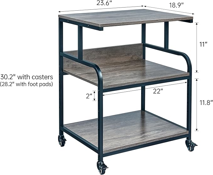 Fannova Large Printer Stand Table 23.6 x18.9 x 30 Inches with Height Adjustable Storage Shelf, 3 Tier Rolling Printer Cart with Wheels for Home Office, Gray