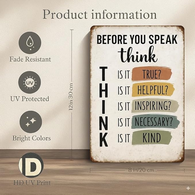 Before You Speak Think Metal Sign – Vintage Inspirational Quote Wall Decor for Classroom, Office, or Home – Motivational Gift for Teachers, Students, and Families (THINK-sign)
