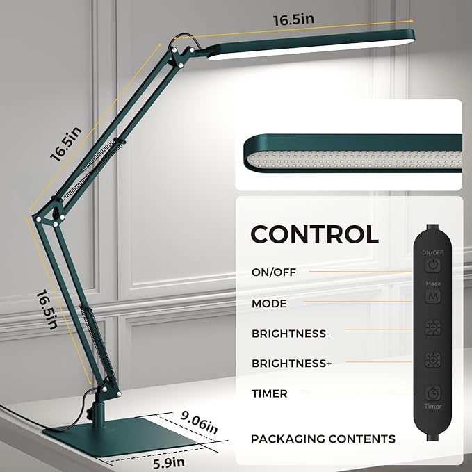 SKYLEO LED Desk Lamp with Slim Base - Adjustable Swing Arm Desk Light, Dimmable, Timer, Eye Protection, Memory Function, 1300LM, 12W, Green