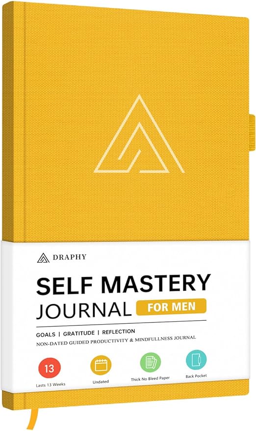 Draphy Self-Mastery Journal for Men - Gratitude and Productivity Journal for More Happiness, Positivity, Growth, Mindfulness, Self Care and Reflection - Guided Inspirational Journals for Men (Yellow)