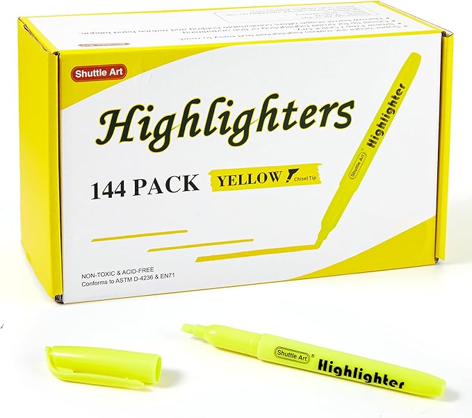 Shuttle Art 144 Pack Highlighters, Yellow Highlighter Pen Bulk with Versatile Chisel Tip Dry-Quickly Non-Toxic Highlighter Markers for Adults Kids Highlighting in Home School Office