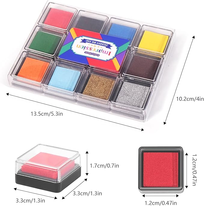 CraftyManor Mini 12 Color Pigment Ink Pads for Stamps, Fingerprint Ink Pad, Stamp Pad for Scrapbook Paper & Stamps for Clothing Stamp & Letter Stamps, Archival