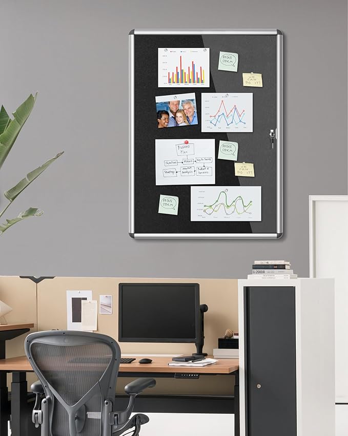 Mifuro 38"x28" Enclosed Bulletin Board, Lockable Weather-Resistant Aluminum Cork Noticeboard for School & Office, Silver Frame w/Black Flet