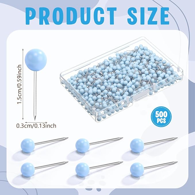 WILLBOND 500 Pack Map Push Pins Map Tacks Small Round Head Push Pins Thumb Tacks for Travel Picture Photo Bulletin Board Wall DIY Craft School Office Home(Light Blue,1/6 Inch)