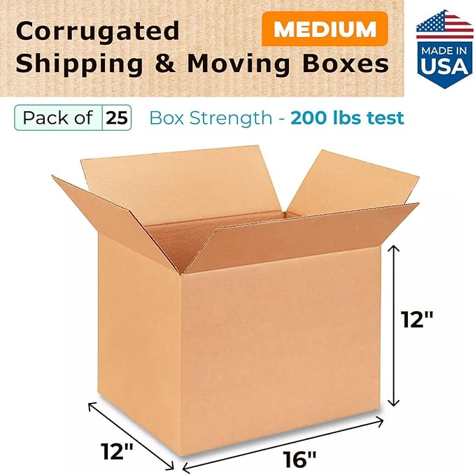 Medium Shipping & Moving Boxes 16"L x 12"W x 12"H (25-Pack) - Extra Strength 200 lb vs Regular - Corrugated Cardboard Box, Made in USA - Box for Packaging - Box to Pack by IDL Packaging