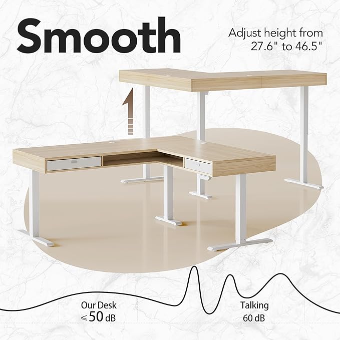 HUANUO Electric L Shaped Standing Desk, 63″ Height Adjustable Corner Standing Desk with 2 Under Desk Drawers & Open Storage Sapce, Stand Up Table with Power Strip Tray & Cable Grommets, Light Walnut