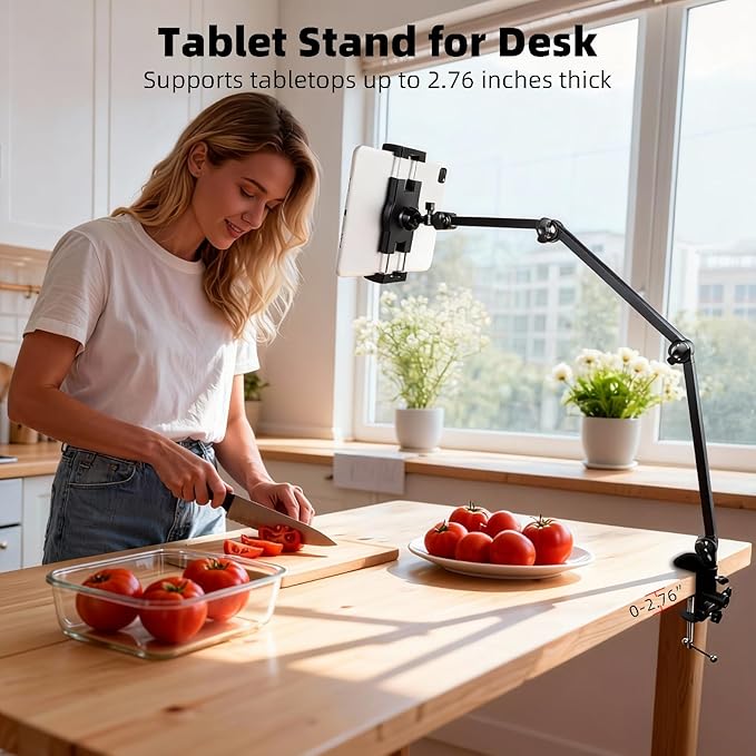 ZUZUXI Tablet Stand Holder for Desk and Bed, Adjustable Aluminum Foldable Arm iPad Mount Clamp on Table Compatible with iPad Air Mini, Galaxy Tabs, 4.7-12.9" Tablets and Phones