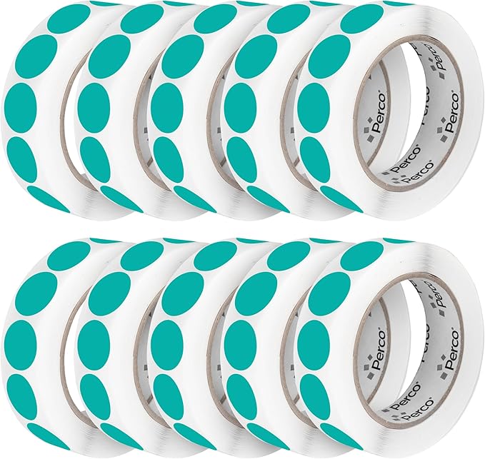 Perco Teal 1-Inch Perforated Circle Dot Sticker Labels — 10 Rolls, 10,000 Round Stickers — with Permanent Adhesive for Inventory Management, Color Coding, Garage Sales, Crafts—Made in USA