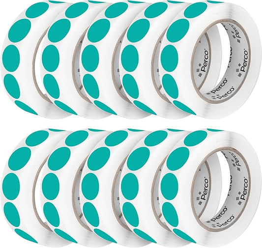 Perco Teal 1-Inch Perforated Circle Dot Sticker Labels — 10 Rolls, 10,000 Round Stickers — with Permanent Adhesive for Inventory Management, Color Coding, Garage Sales, Crafts—Made in USA