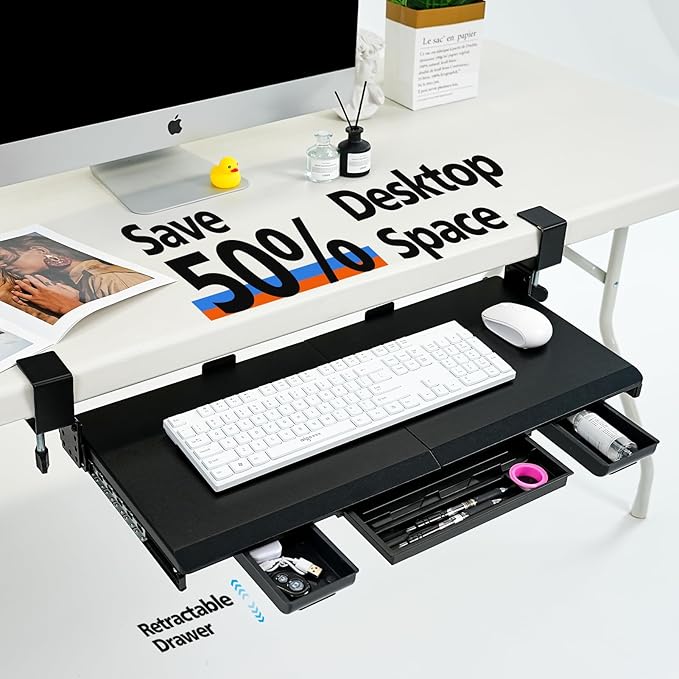 OUKMIC Large Height Adjustable Keyboard Tray with Sturdy C-Clamp Mount and Storage Drawer, 27"(31" Including Clamps) x 12" Slide Out Ergonomic Keyboard Trays for Home and Office, Black