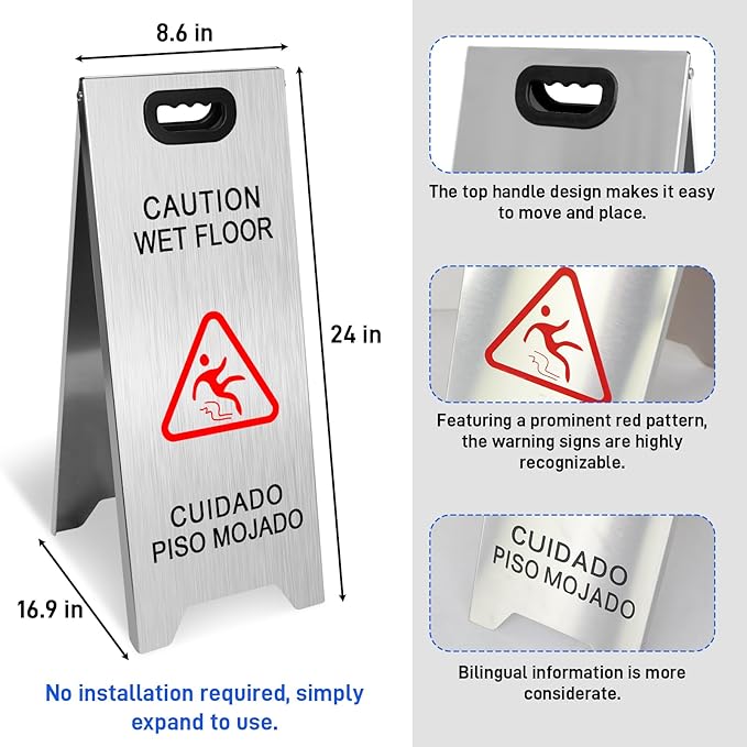 Kerty 4 Pack Stainless Steel Wet Floor Sign, 24 Inch Caution Wet Floor Sign Portable Foldable Bilingual Safety Warning for Hotel Market Restroom Restaurant Office (Silver)