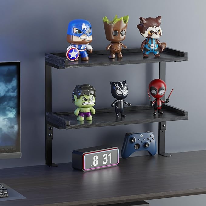 ART-GIFTREE Clamp On Desk Shelf 2-Tier, 16.5 in Wood Shelving Unit for Office Desk/Gaming Accessories, Tabletop Book Storage Rack, Shelf for Top of Desk, Black