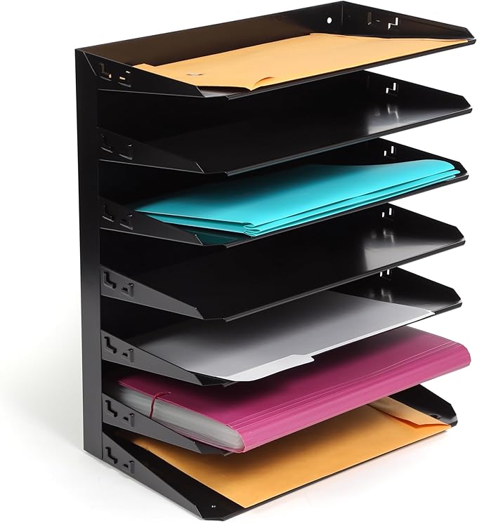 Huron Desktop Horizontal 7-Slot Legal File Binder Organizer Storage Letter Tray, Black Commercial Grade Steel