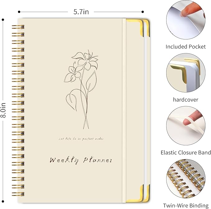 Undated Weekly Planner with Metal Corner Hardcover Notebook , A5 Size Journal with To Do List Planner, Habit Tracker,Weekly Goals for ADHD,Student, Office, Women, Men ,Gifts,6 x 8 inches，Spiral Bindding ,Beige