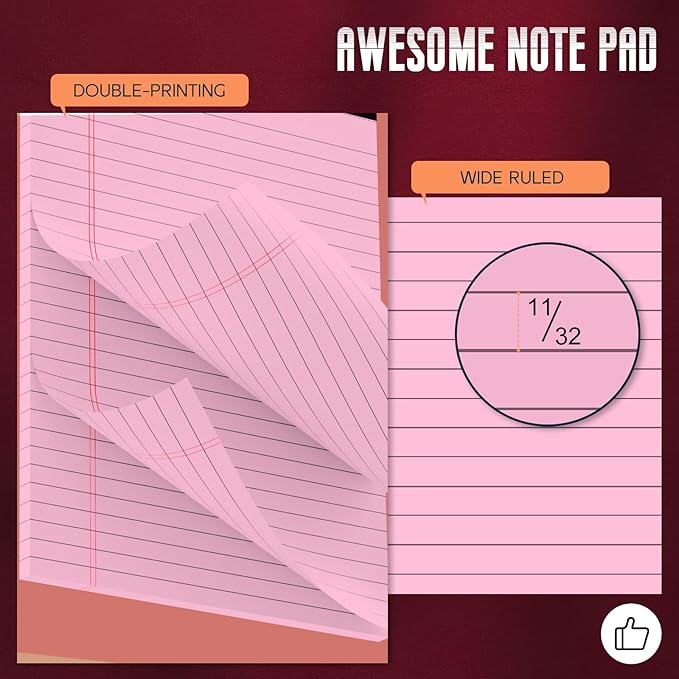 Roneky Pink Legal Pads 8.5 x 11 Wide Ruled Notepads, 3 Pack Note Pads 8.5 x 11 Lined Paper Pink Writing Pads 30 Sheets per Notepad Double-Side Printed Colored Legal Pads for Home, Office, School
