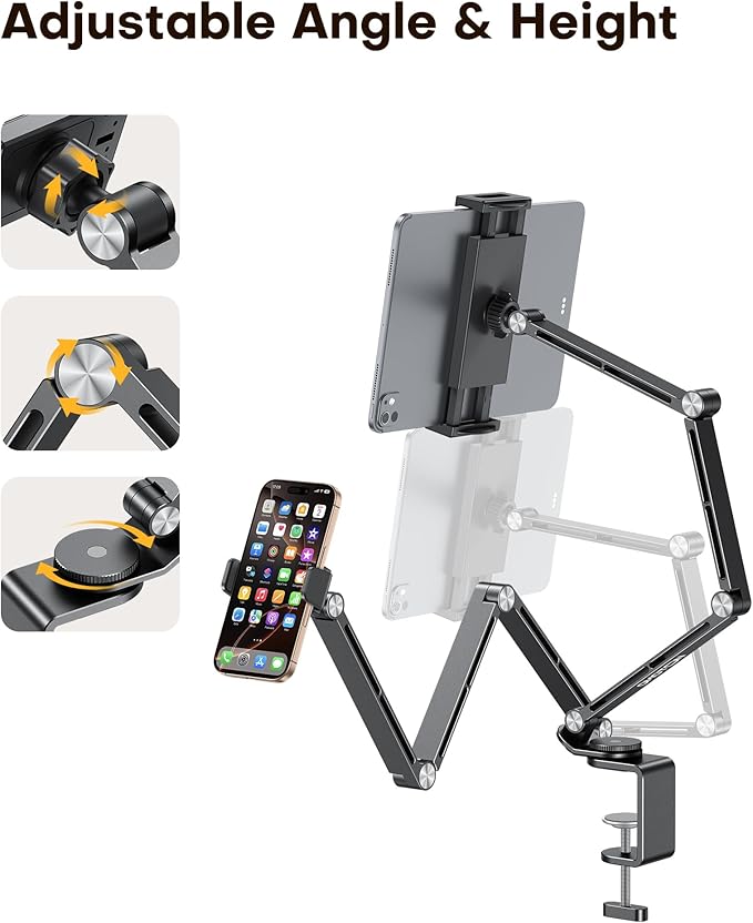 OMOTON Adjustable Tablet Stand for iPad, Desk Phone Holder for Bed with 2 Clamps, Flexible Aluminum Alloy Mount with 360° Rotation for 4-13" Devices (Black)