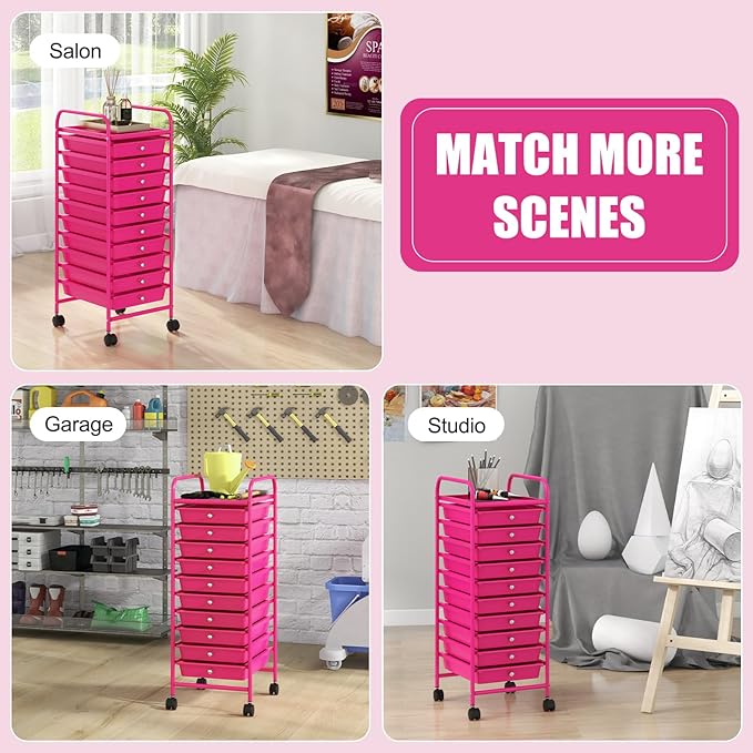 GLACER 10 Drawers Rolling Cart, Storage Cart with w/Removable Drawers & Steel Frame, Utility Mobile Trolley w/Universal Casters & 2 Brakes, Organizer Cart for Home, School, Office (Hot Pink)