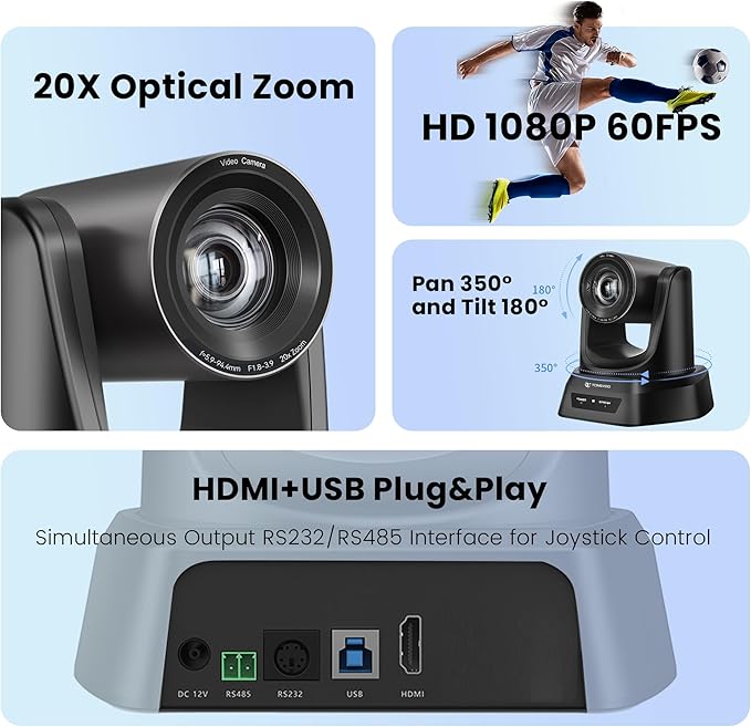 TONGVEO Conference Room PTZ Camera System with 20X Optical Zoom | 1080P 60fps HDMI USB Webcam for Church Streaming Online Video Conference| Compatible with Zoom, OBS | Easy Setup