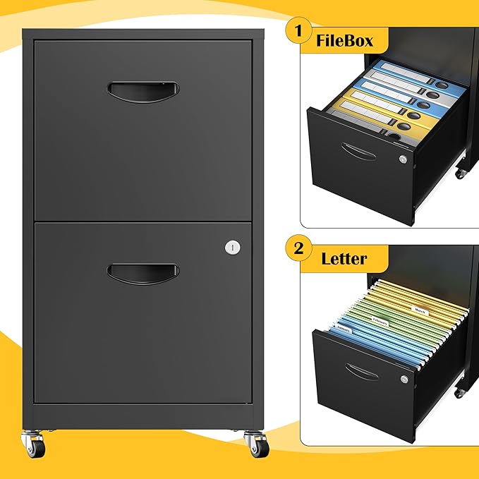 SteeLoong 2 Drawer File Cabinet with Lock，Black Rolling File Cabinet for Home Office, Metal Small Mobile Filing Cabinets on Wheels for Hanging Letter