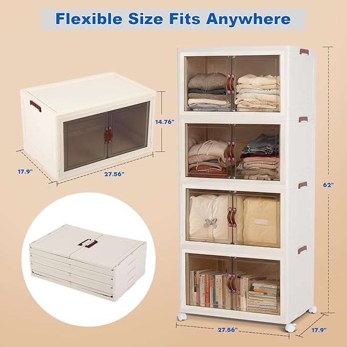 GCCSJ 480QT Stackable Storage Bins with Lids, 120Gal Extra Large Collapsible Storage Box with Wheel, Plastic Storages with Transparent Door for Home Bedroom Kitchen Garage, White