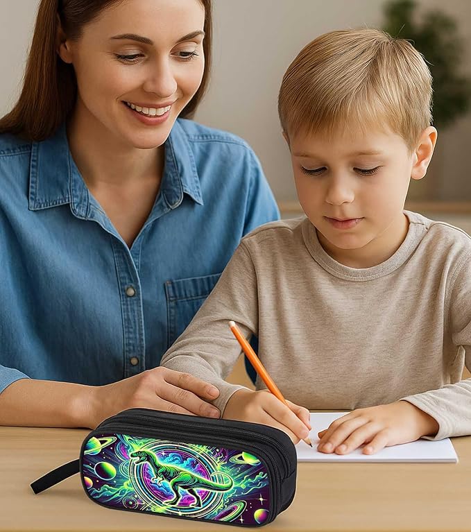 AnySmic Dinosaur Pencil Case for Boys and Girls, Dino Pencil Pouch for Kids, Big Capacity Pen Case Gifts for Child at Elementary School, Double Zipper Pen Bag Organizer with 2 Compartments