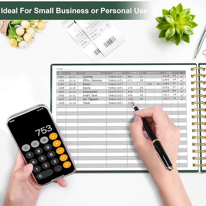 HAUTOCO Hardcover Accounting Ledger Book for Small Business Bookkeeping Horizontal Money Expense Tracker Notebook with 2 Storage Pouch, Personal Columnar Log Journal 10.78 x 8'', Dark Green