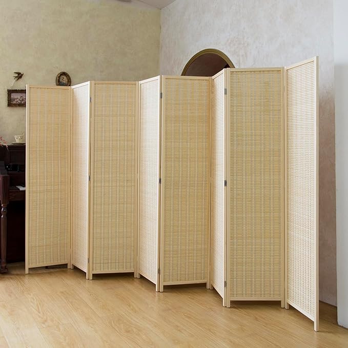 Loomveil 8 Panel Room Divider Folding Privacy Screen,67 inch Bamboo Panel Divider for Home Partition,Beige