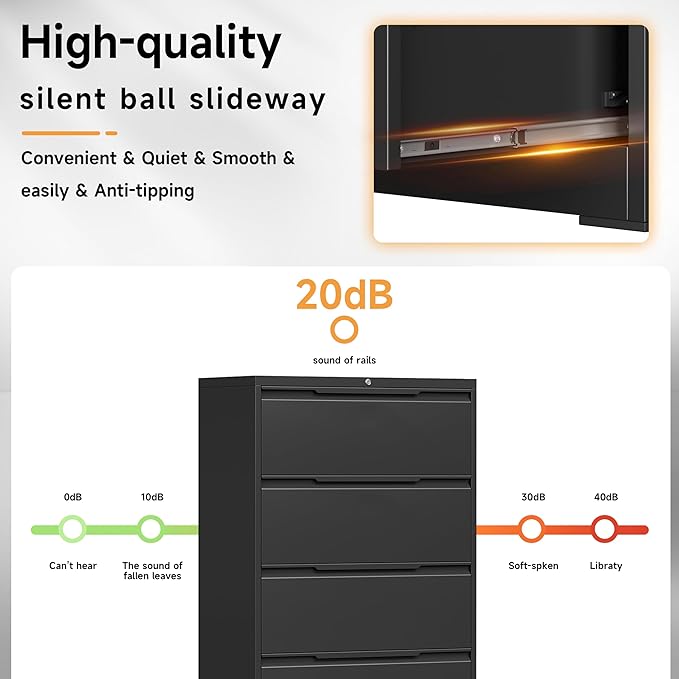 Bestoo 4-Drawer File Cabinet with Lock, Metal Filing Cabinet for Home Office, Lateral Filing Storage Cabinets, Fits File Folders, Letter/Legal/F4/A4 Sizes, Assembly Required (Black)
