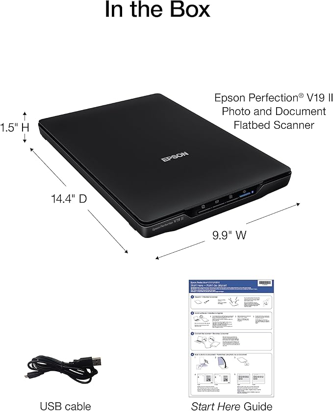 Epson Perfection V19 II Color Photo and Document Flatbed Scanner with 4800 dpi Optical Resolution USB Power, High-Rise, Removable Lid