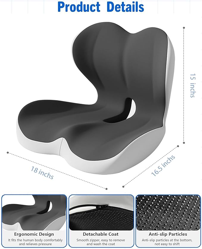 Mogdeker L-Shaped Seat Cushion for Long Sitting,Memory Foam Ergonomic Back Support Driving Seat Cushion for Back Pain,Non-Slip Design for Car, Truck, Home Chair & Office Seat (Black Gray)