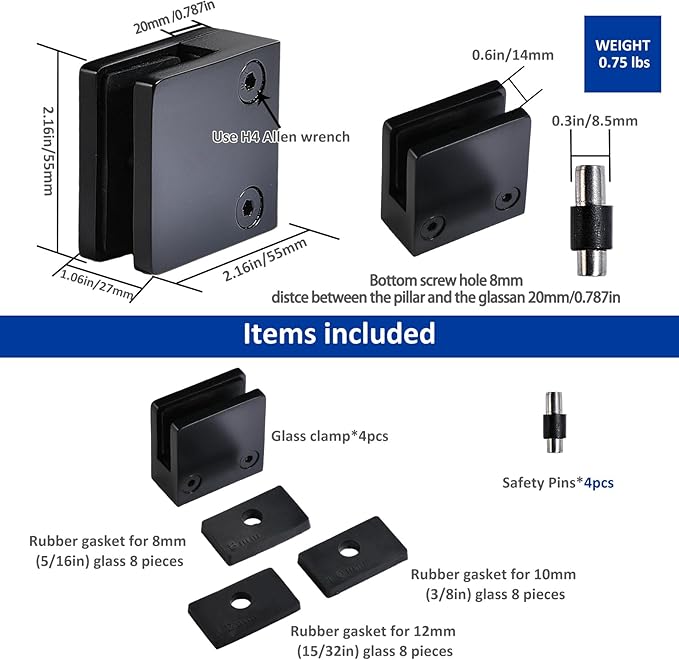Glass Clamp－4PCS Adjustable Glass Shelf Bracket, 1/3 "-1/2 " 304 Stainless Steel Glass Clamps, Glass Clamp Bracket is Suitable for Railing, Stairs, Glass Wall, All Kinds of Glass (Black-20pcs)