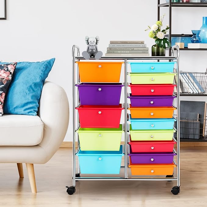COSTWAY 15 Drawer Rolling Storage Cart, Multipurpose Mobile Storage Organizer w/Removable Drawers & Metal Frame, Utility Tools Paper Organizer on Wheels for Home, Office (Multi-color)