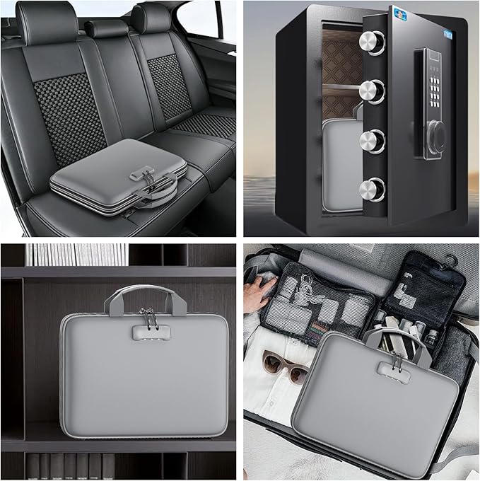 Fireproof File Organizer with Lock, Hard-Shell Case Fireproof Document Box with 13 Pockets Accordion File Folder, Important Document Organizer for Letter A4 Files Laptop Passports (Grey)