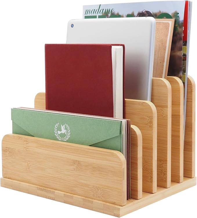Deefielly Desk File Mail Organizer Countertop, 5 Slots Bamboo Folder Sorter Holder for Letter, Envelope, Paper, Bill Filing, Desktop Tray Organizer for Office & Home