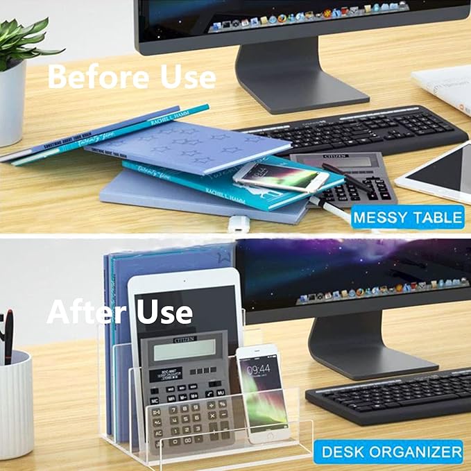 Halyuhn Acrylic Desk File Organizer 2 Pack, 4 Section Letter Organizer, Clear Folder Holder, Desktop File Holder for Document, Notebook and Newspaper, Clear Desk Storage Rack for Home and Office Use