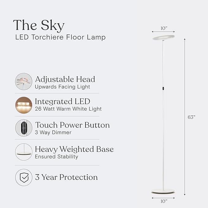 Brightech Sky LED Floor lamp, Torchiere Super Bright Floor Lamp for Living Room Decor & Office - Dimmable, Tall Standing Lamp with Warm Light for Bedroom & Reading - White