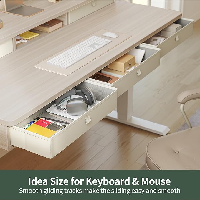 FEZIBO Height Adjustable Electric Standing Desk with 5 Drawers, 55 x 24 Inch Table with Storage Shelf, Sit Stand Desk White Frame/Light Walnut Top, 55 inch